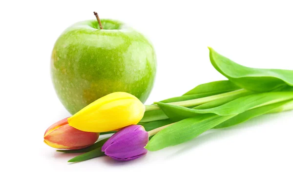 Colorful tulips and apple isolated on white — Stock Photo, Image