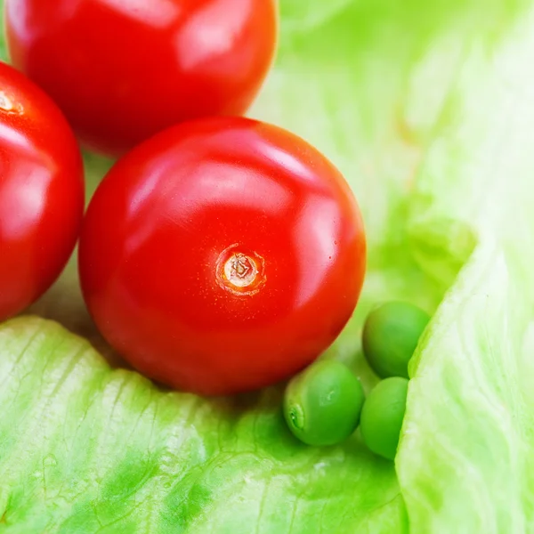 Tomat, ärtor och sallad på en tallrik som isolerad på vit — Stockfoto