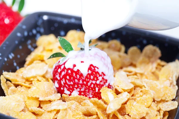 Fresa, leche y copos en un tazón aislado sobre blanco — Foto de Stock