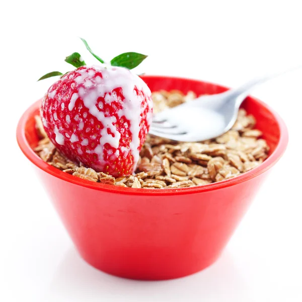 Strawberry,milk,fork and wheat in a bowl isolated on white — Stock Photo, Image