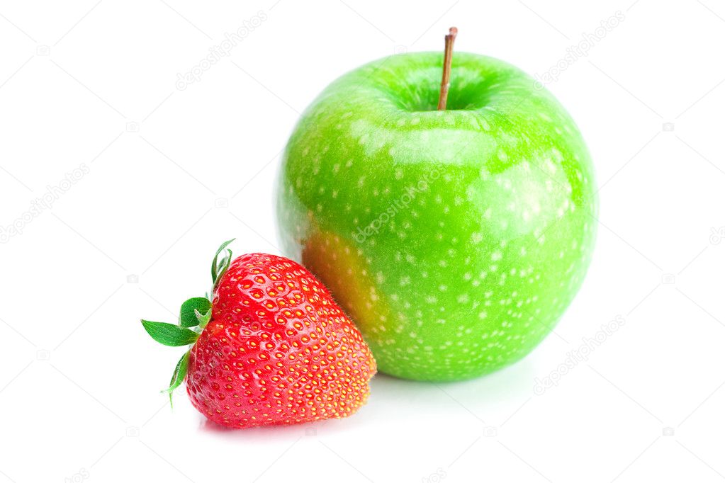 Big juicy red ripe strawberries and apple isolated on white