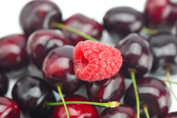 Raspberries on a background of cherry — Stock Photo, Image