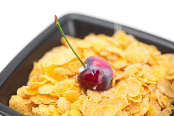 Cherry,milk and flakes in a bowl — Stock Photo, Image