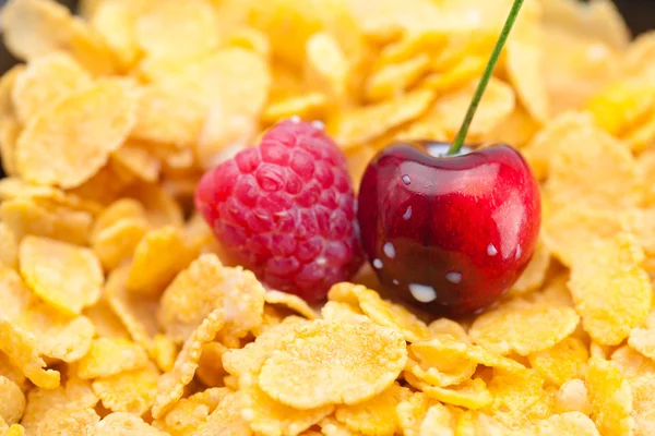 Raspberry,cherry,milk and flakes in a bowl — Stock Photo, Image