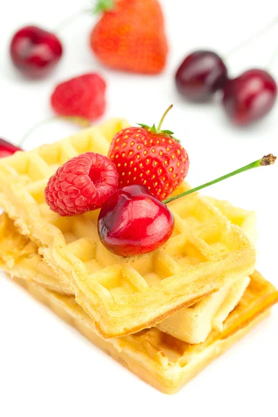 Waffles, damascos, cerejas, morangos e framboesas isolados — Fotografia de Stock
