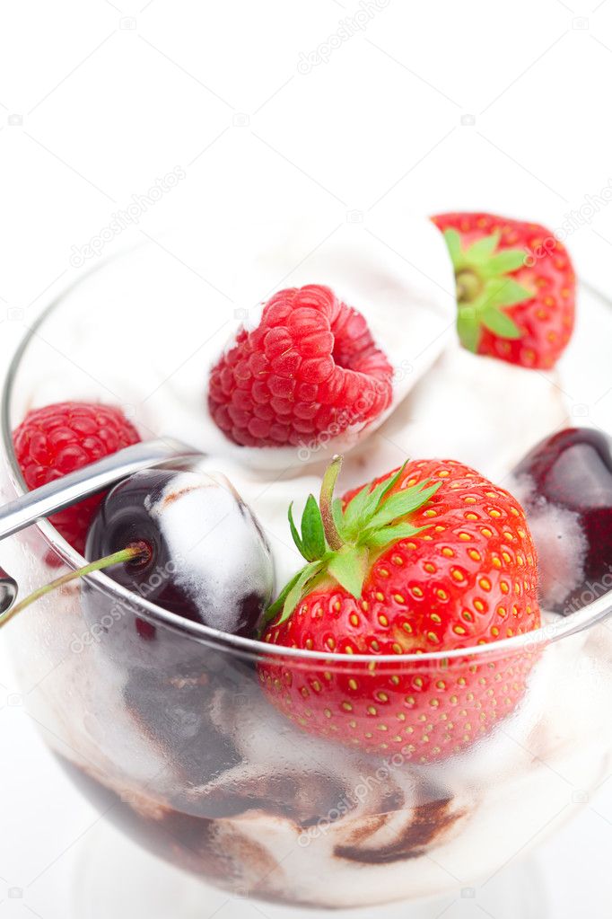 Ice cream, cherries, raspberries and strawberries isolated on wh