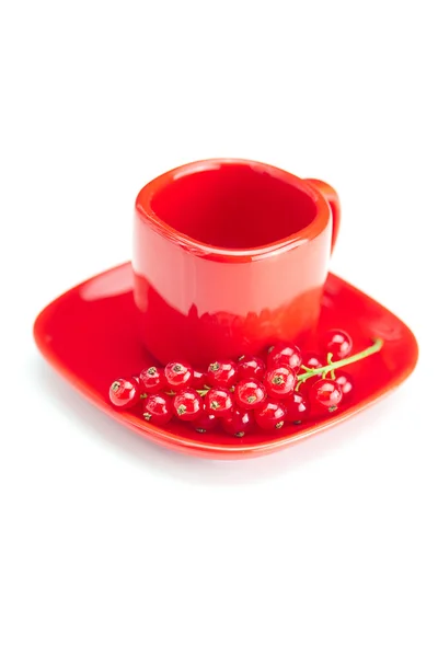 スグリ赤と白で隔離されるプレート付きカップの枝 — ストック写真