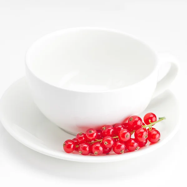Rama de grosellas rojas y una taza con un plato aislado en blanco —  Fotos de Stock