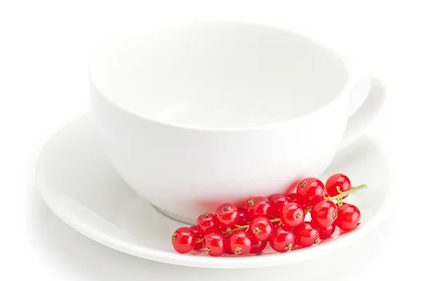 Rama de grosellas rojas y una taza con un plato aislado en blanco — Foto de Stock