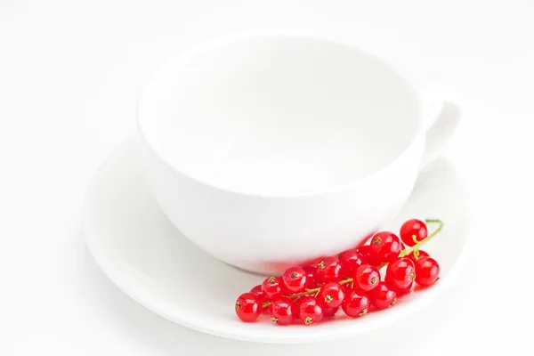 Rama de grosellas rojas y una taza con un plato aislado en blanco —  Fotos de Stock