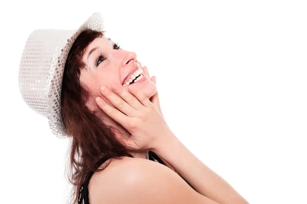 디스코 모자에 있는 여자를 웃 고 — 스톡 사진