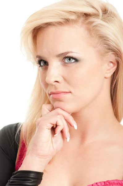 Beautiful blonde girl thinking holding a chin — Stock Photo, Image