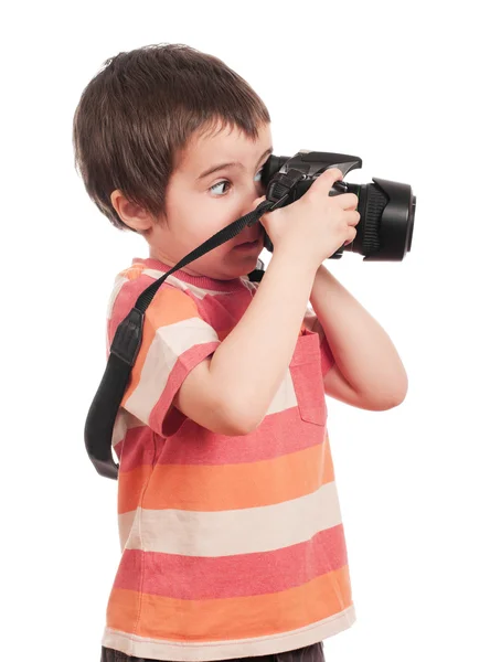 stock image Little boy photographer with slr camera