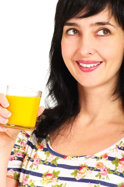 Portret kobiety z soku pomarańczowego szkła — Zdjęcie stockowe