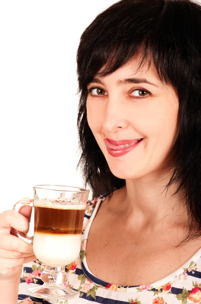 Kobieta z cappuccino liże jej usta — Zdjęcie stockowe