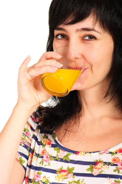 Dringing narancs juice nő portréja — Stock Fotó