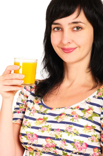 Portret kobiety z soku pomarańczowego szkła — Zdjęcie stockowe