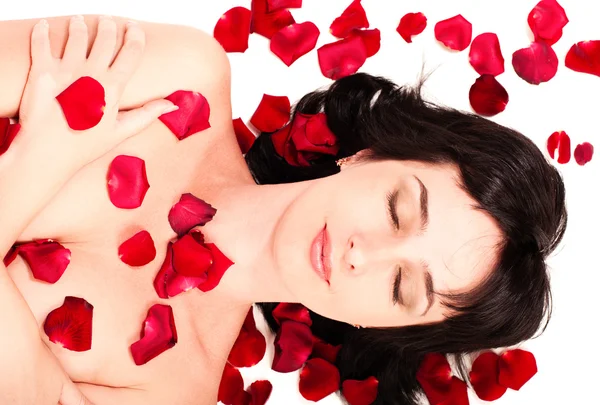 Portrét krásné bruneta ženy ležící v růžových lístků — Stock fotografie