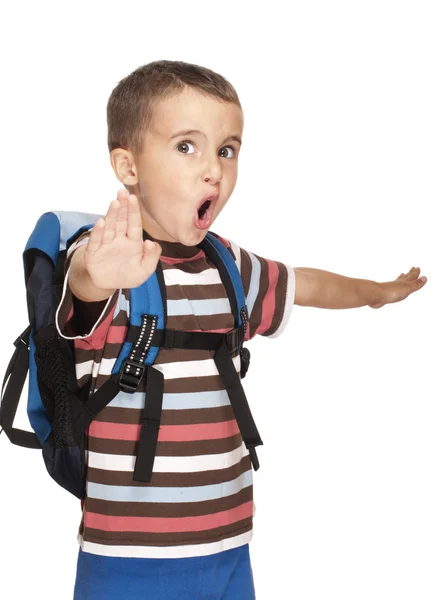 Niño con mochila finge kung-fu —  Fotos de Stock