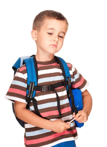 Niño pequeño estudiante de primaria con mochila y sandwich box ups — Foto de Stock