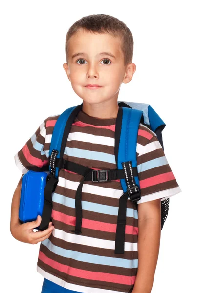 Маленький хлопчик початковий студент з рюкзаком і сендвіч коробкою — стокове фото