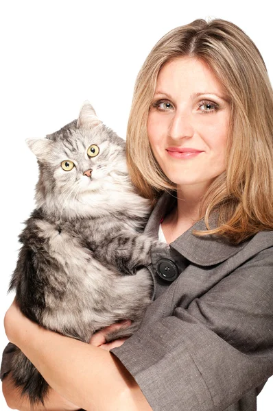 stock image Woman and cat grey