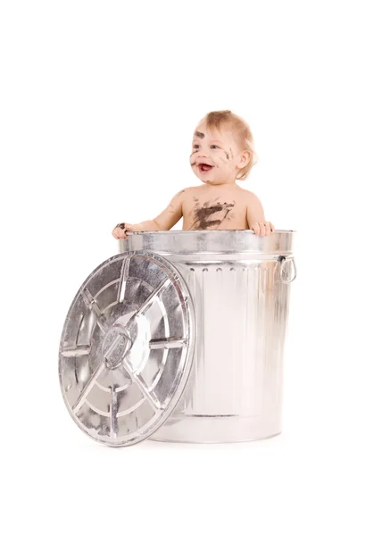 Baby in trash can — Stock Photo, Image