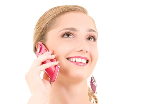 Ευτυχισμένος κορίτσι με ροζ τηλέφωνο — Φωτογραφία Αρχείου