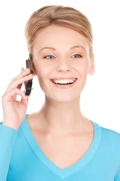 Šťastný obchodnice s telefonem — Stockfoto