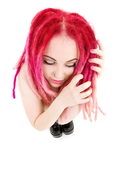 Rosa hår flicka i höga stövlar — Stockfoto