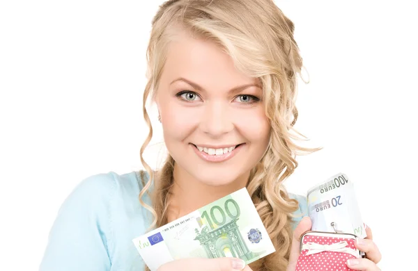 Härlig kvinna med plånbok och pengar — Stockfoto