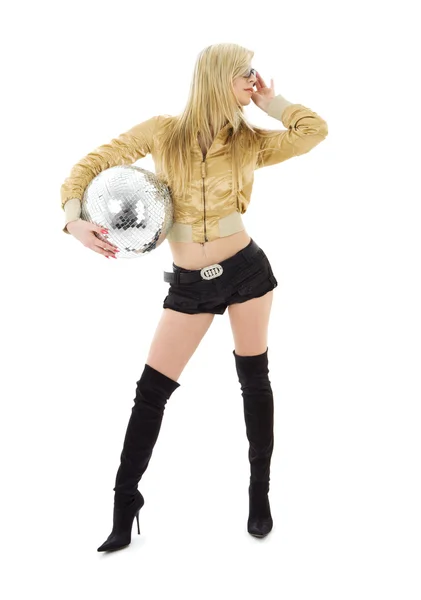 Jaqueta dourada menina com bola de discoteca — Fotografia de Stock