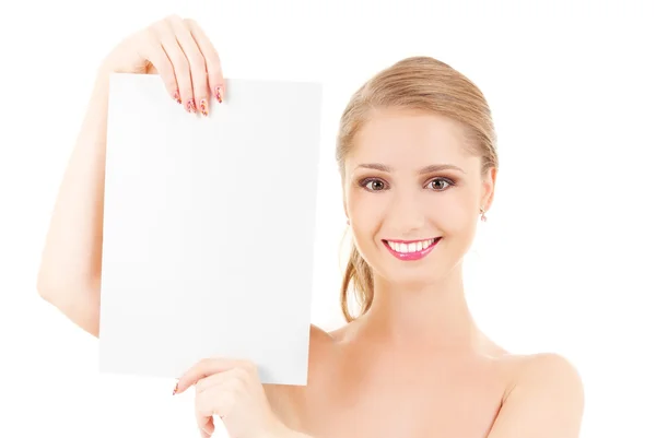 Menina feliz com placa em branco — Fotografia de Stock