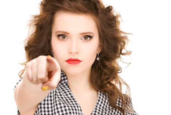 Woman pointing her finger — Stock Photo, Image