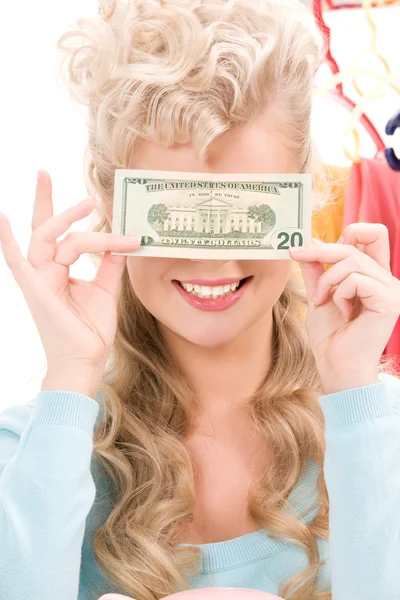 Femme avec billet de dollar — Photo
