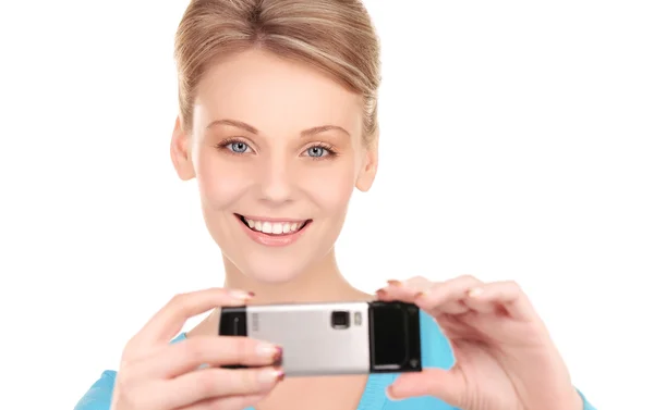 Glad kvinna med telefonens kamera — Stockfoto