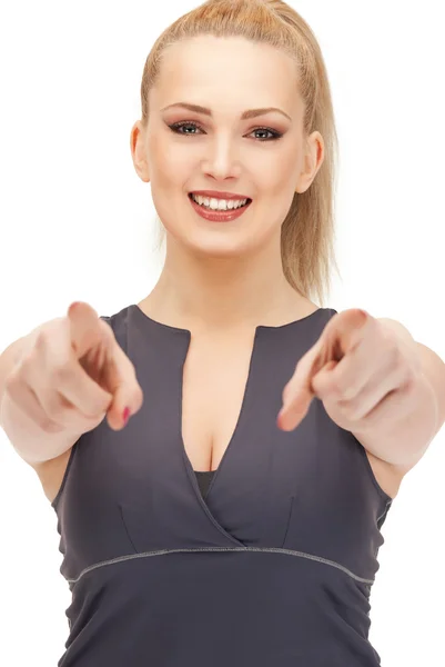 Lovely fitness instructor pointing her finger — Stock Photo, Image