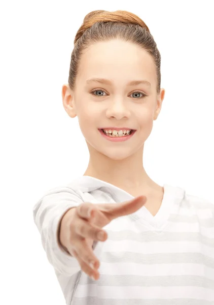 Adolescente chica con una mano abierta listo para el apretón de manos — Foto de Stock