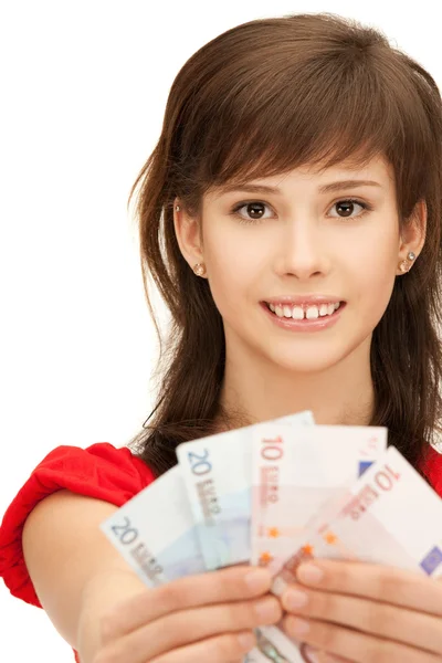 Ragazza adolescente con denaro contante in euro — Foto Stock