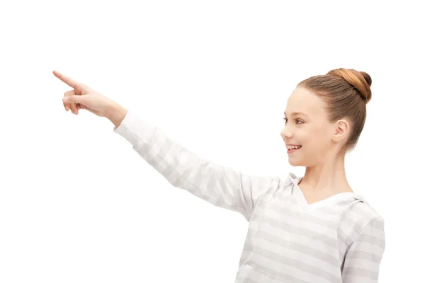 Genç kız onun parmak işaret — Stok fotoğraf