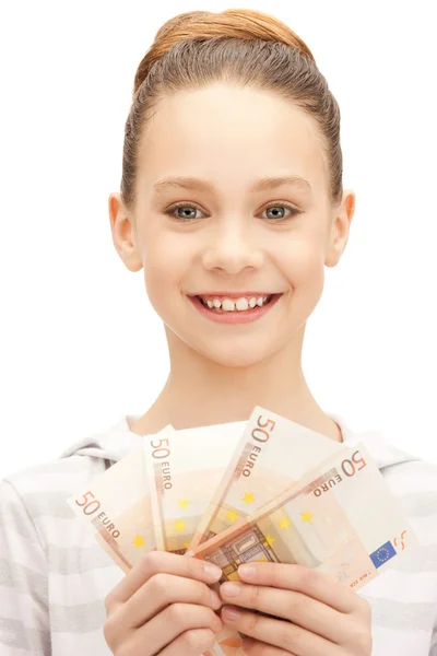 Chica adolescente con dinero en efectivo en euros — Foto de Stock