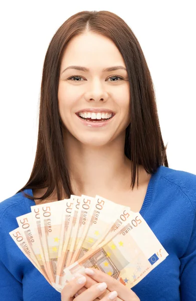 Mujer encantadora con dinero en efectivo en euros — Foto de Stock