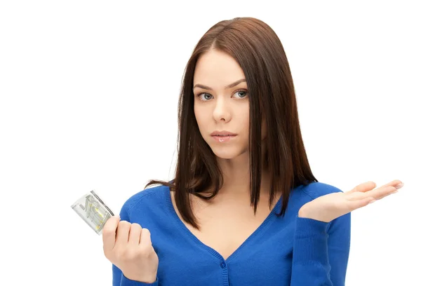 Mujer infeliz con dinero en efectivo en euros — Foto de Stock