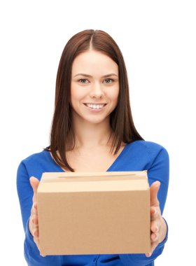 Attractive businesswoman with cardboard box clipart