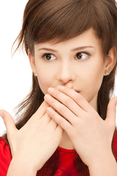 Teenager Mädchen mit Handflächen über dem Mund lizenzfreie Stockbilder
