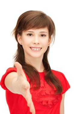 Teenage girl with an open hand ready for handshake clipart