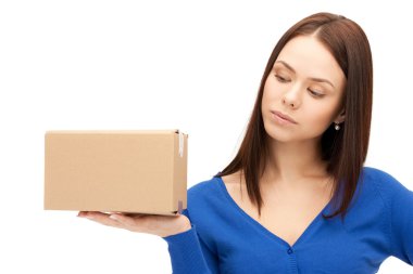 Attractive businesswoman with cardboard box clipart