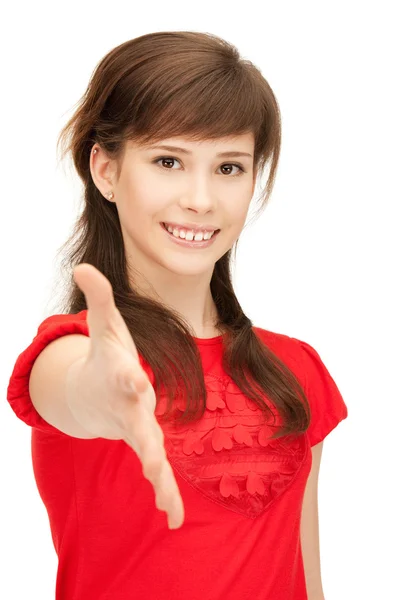 Teenage girl with an open hand ready for handshake — Stock Photo, Image