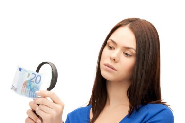 Woman with magnifying glass and euro cash money clipart