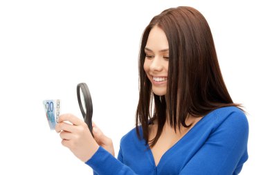 Woman with magnifying glass and euro cash money clipart